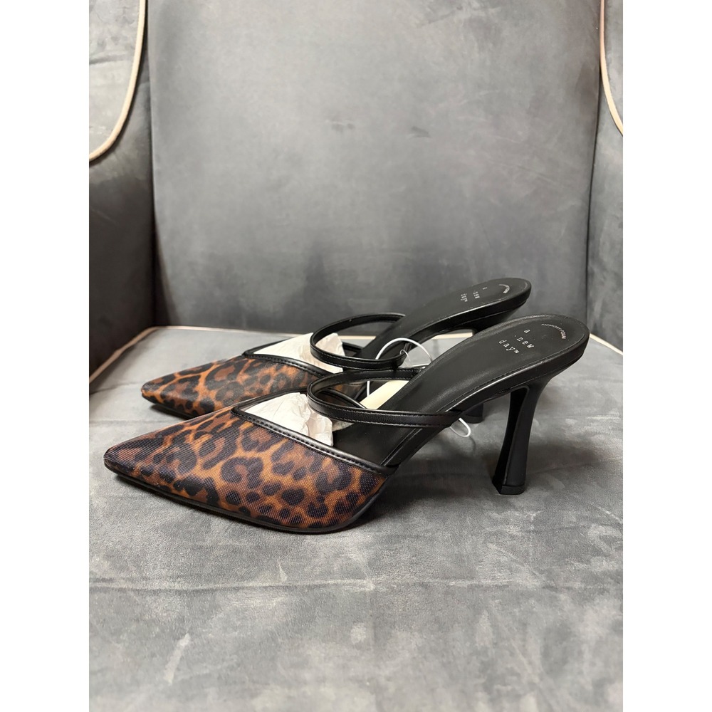 A New Day Womens Leopard Print Pointed Toe Mules Black Strap Heels Size 11 NEW - Picture 3 of 5